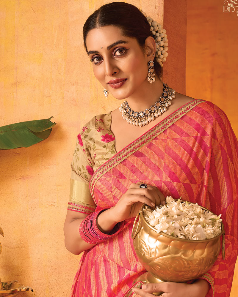 Vishal Prints Watermelon Pink Printed Chiffon-Brasso Saree With Fancy Border