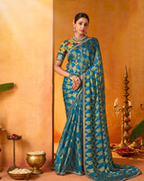 Vishal Prints Ocean Blue And Greenish Beige Printed Chiffon-Brasso Saree With Fancy Border