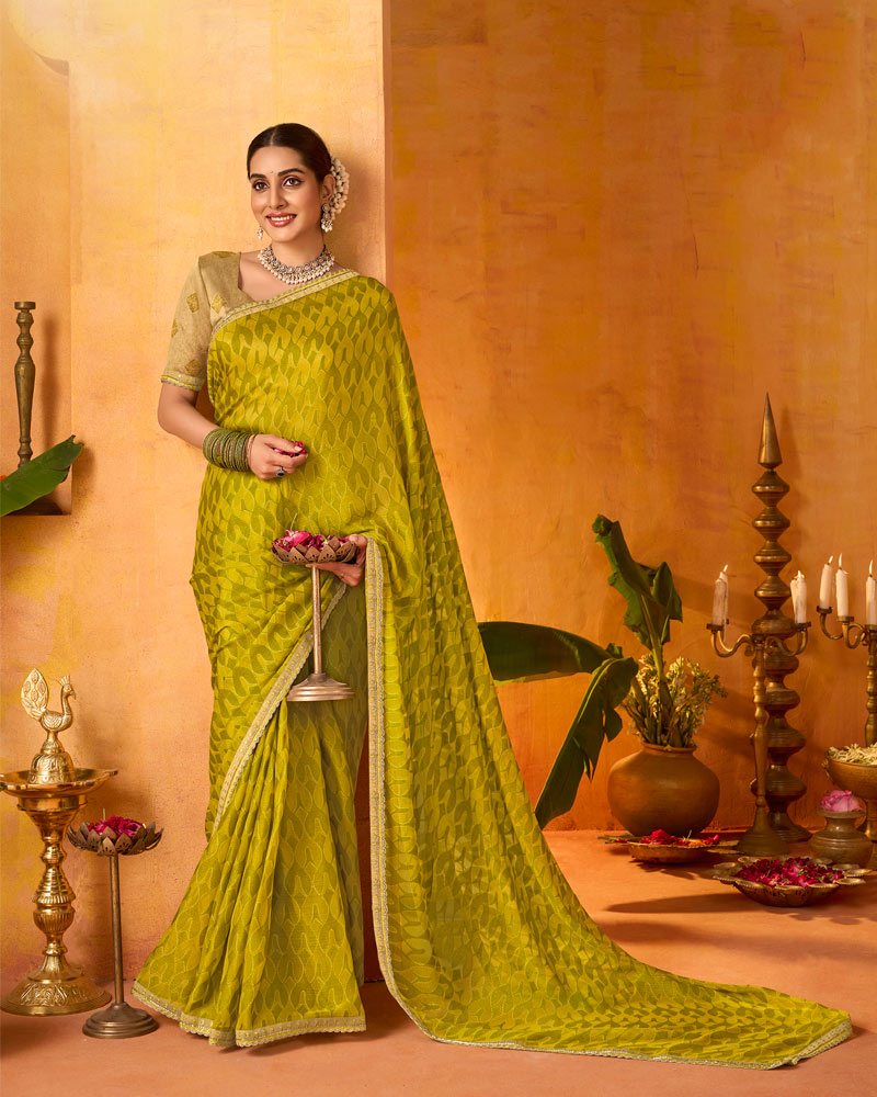 Vishal Prints Yellow Ochre Printed Chiffon-Brasso Saree With Fancy Border