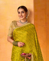 Vishal Prints Yellow Ochre Printed Chiffon-Brasso Saree With Fancy Border