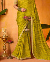 Vishal Prints Yellow Ochre Printed Chiffon-Brasso Saree With Fancy Border