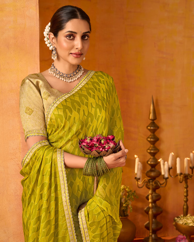 Vishal Prints Yellow Ochre Printed Chiffon-Brasso Saree With Fancy Border