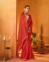 Vishal Prints Flame Orange And Cherry Red Printed Chiffon-Brasso Saree With Fancy Border