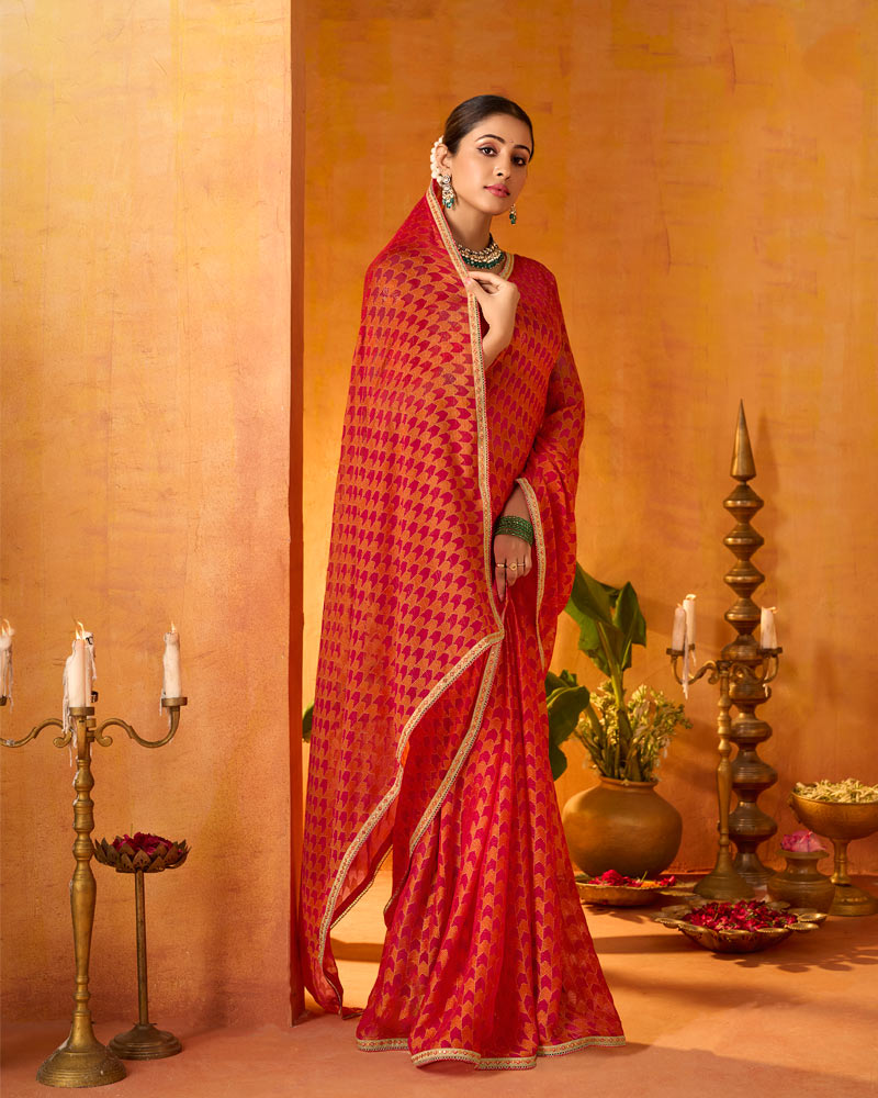 Vishal Prints Flame Orange And Cherry Red Printed Chiffon-Brasso Saree With Fancy Border