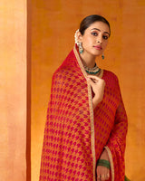 Vishal Prints Flame Orange And Cherry Red Printed Chiffon-Brasso Saree With Fancy Border