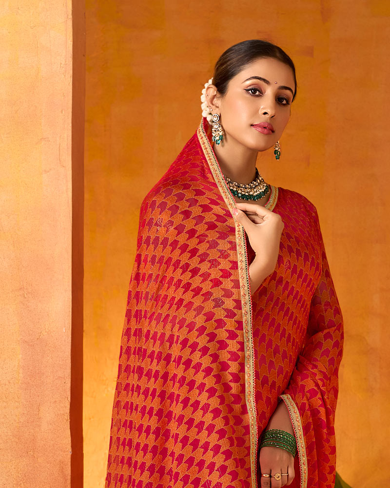 Vishal Prints Flame Orange And Cherry Red Printed Chiffon-Brasso Saree With Fancy Border