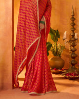 Vishal Prints Flame Orange And Cherry Red Printed Chiffon-Brasso Saree With Fancy Border