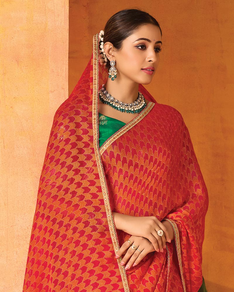 Vishal Prints Flame Orange And Cherry Red Printed Chiffon-Brasso Saree With Fancy Border