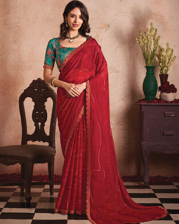 Vishal Prints Red Printed Luxury Chiffon Saree With Foil Print And Cut Work Embroidery Border