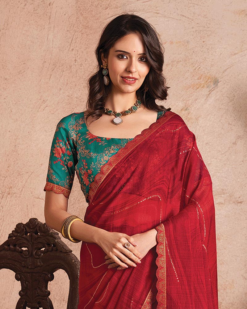 Vishal Prints Red Printed Luxury Chiffon Saree With Foil Print And Cut Work Embroidery Border