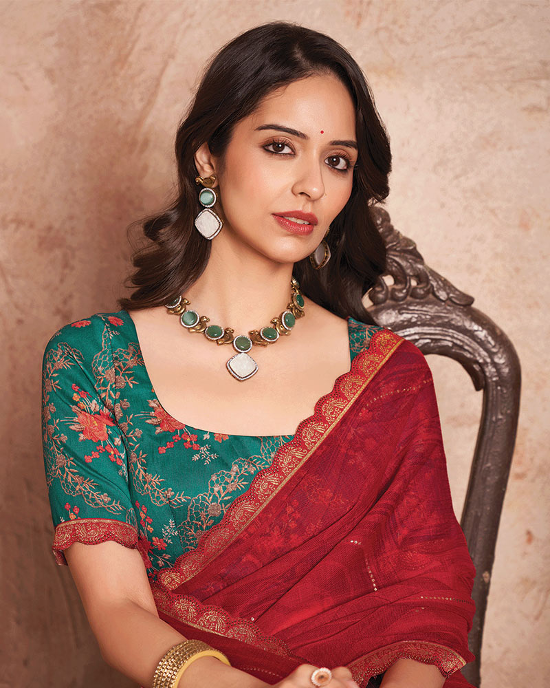 Vishal Prints Red Printed Luxury Chiffon Saree With Foil Print And Cut Work Embroidery Border