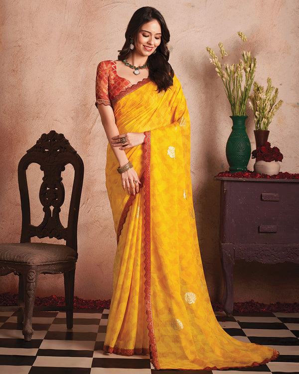 Vishal Prints Golden Yellow Printed Luxury Chiffon Saree With Foil Print And Cut Work Embroidery Border