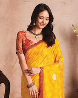 Vishal Prints Golden Yellow Printed Luxury Chiffon Saree With Foil Print And Cut Work Embroidery Border