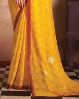 Vishal Prints Golden Yellow Printed Luxury Chiffon Saree With Foil Print And Cut Work Embroidery Border