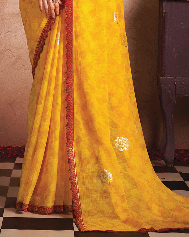 Vishal Prints Golden Yellow Printed Luxury Chiffon Saree With Foil Print And Cut Work Embroidery Border