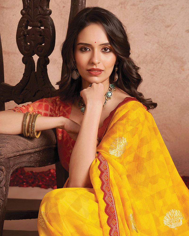 Vishal Prints Golden Yellow Printed Luxury Chiffon Saree With Foil Print And Cut Work Embroidery Border