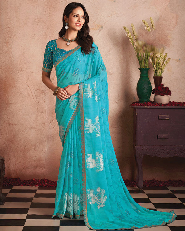 Vishal Prints Pacific Blue Printed Luxury Chiffon Saree With Foil Print And Cut Work Embroidery Border