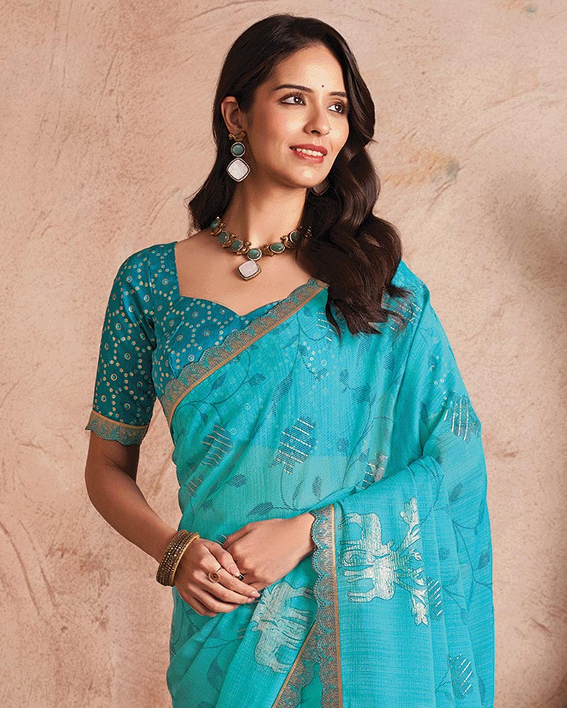 Vishal Prints Pacific Blue Printed Luxury Chiffon Saree With Foil Print And Cut Work Embroidery Border