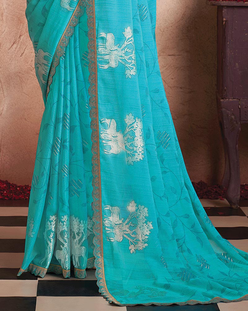 Vishal Prints Pacific Blue Printed Luxury Chiffon Saree With Foil Print And Cut Work Embroidery Border