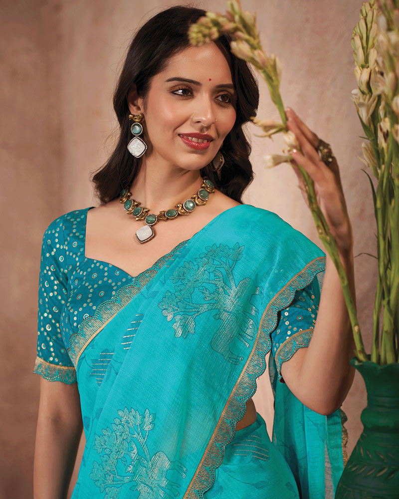 Vishal Prints Pacific Blue Printed Luxury Chiffon Saree With Foil Print And Cut Work Embroidery Border