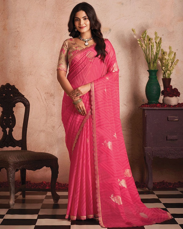 Vishal Prints Light Carmine Pink Printed Luxury Chiffon Saree With Foil Print And Cut Work Embroidery Border