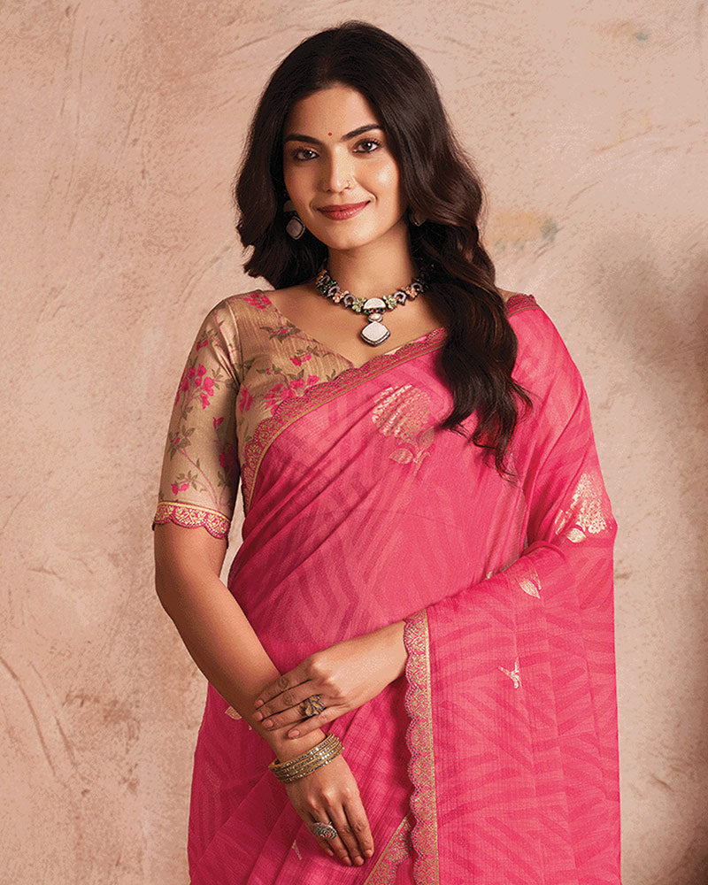 Vishal Prints Light Carmine Pink Printed Luxury Chiffon Saree With Foil Print And Cut Work Embroidery Border