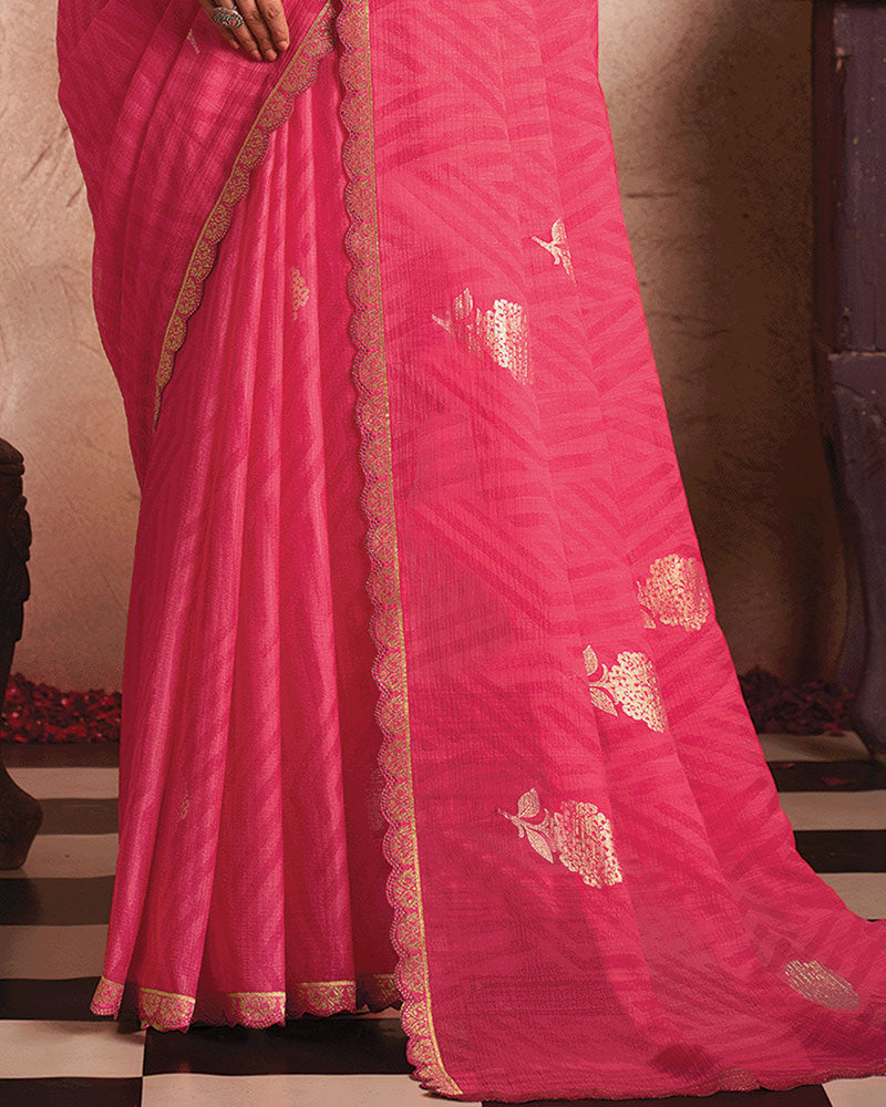 Vishal Prints Light Carmine Pink Printed Luxury Chiffon Saree With Foil Print And Cut Work Embroidery Border