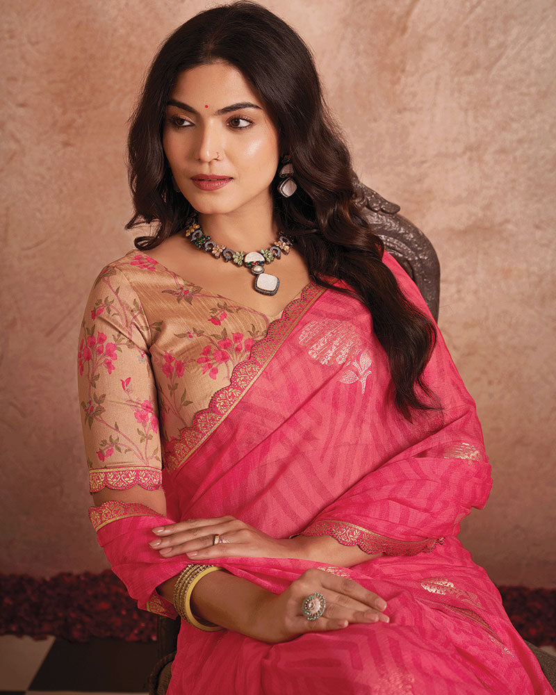 Vishal Prints Light Carmine Pink Printed Luxury Chiffon Saree With Foil Print And Cut Work Embroidery Border