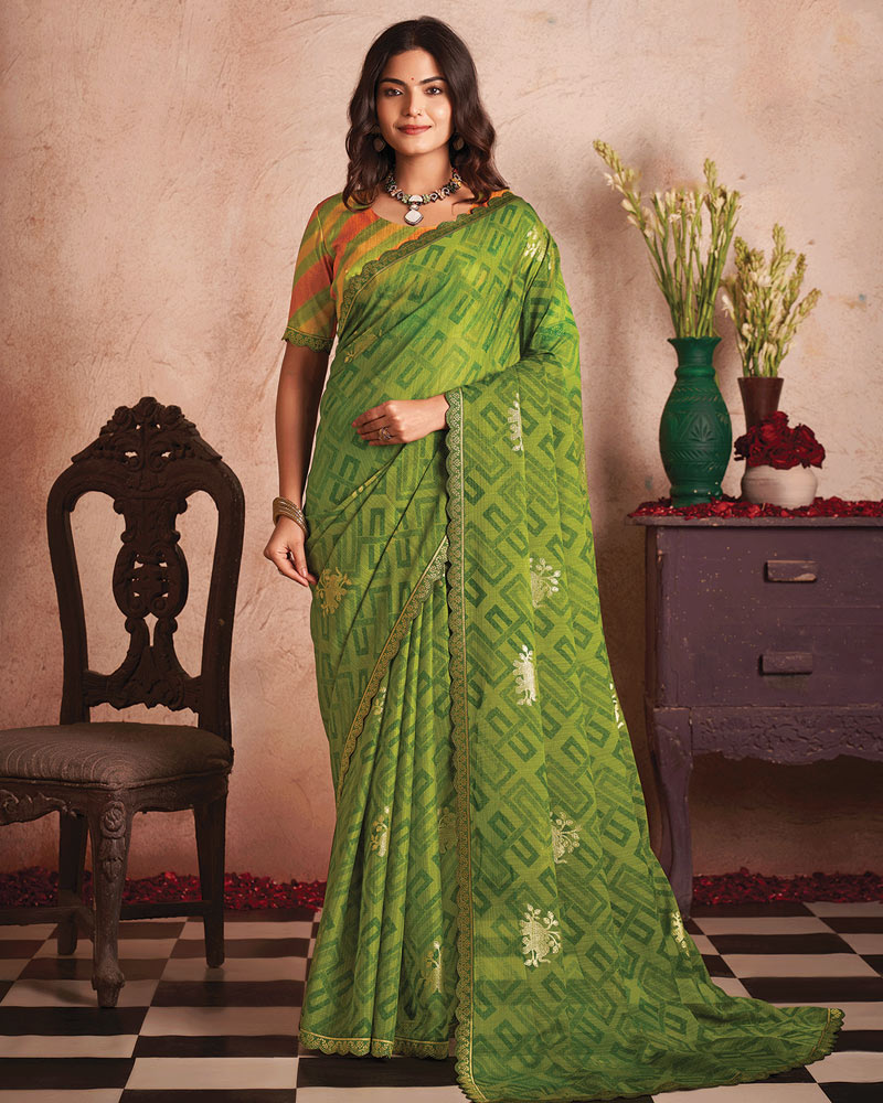 Vishal Prints Mehandi Green Printed Luxury Chiffon Saree With Foil Print And Cut Work Embroidery Border