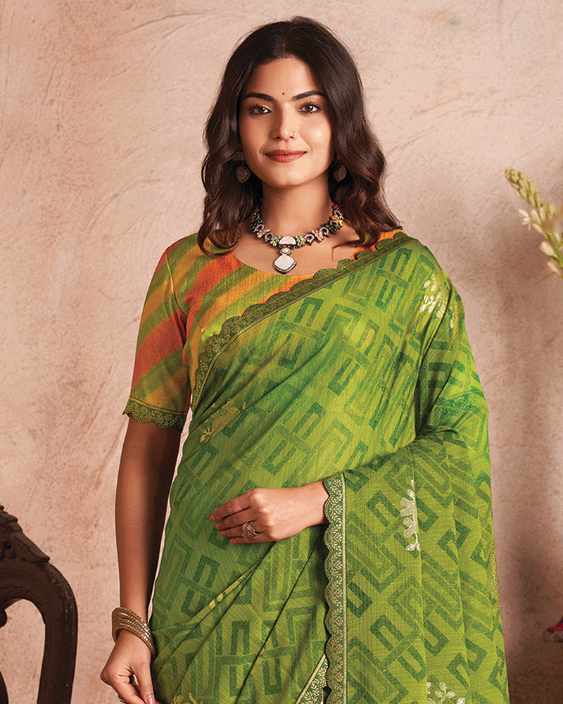 Vishal Prints Mehandi Green Printed Luxury Chiffon Saree With Foil Print And Cut Work Embroidery Border