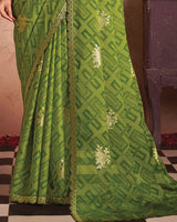 Vishal Prints Mehandi Green Printed Luxury Chiffon Saree With Foil Print And Cut Work Embroidery Border