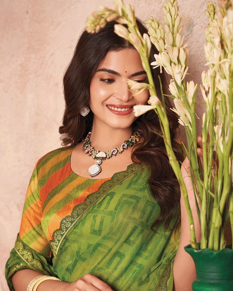 Vishal Prints Mehandi Green Printed Luxury Chiffon Saree With Foil Print And Cut Work Embroidery Border