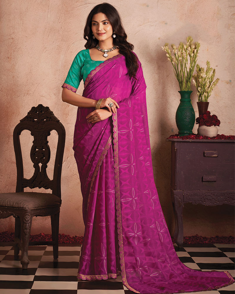 Vishal Prints Violet Printed Luxury Chiffon Saree With Foil Print And Cut Work Embroidery Border