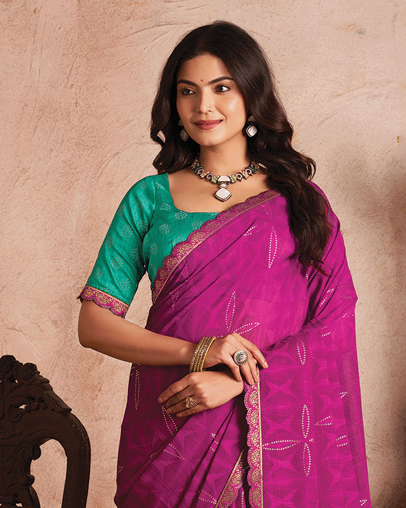 Vishal Prints Violet Printed Luxury Chiffon Saree With Foil Print And Cut Work Embroidery Border