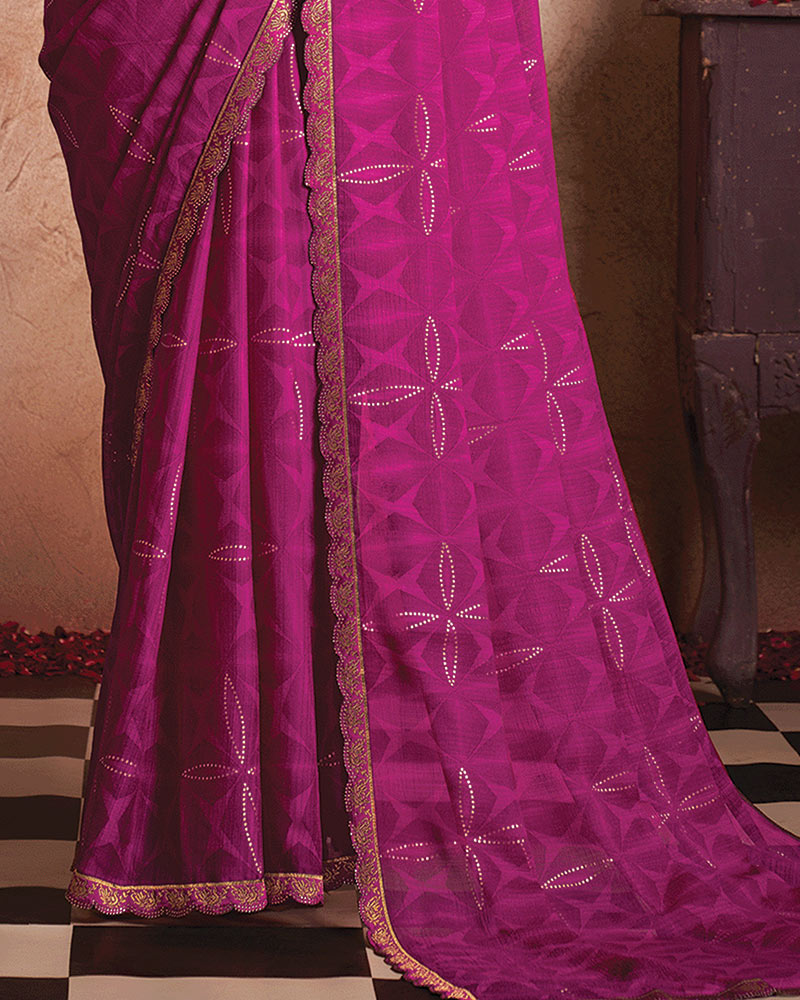 Vishal Prints Violet Printed Luxury Chiffon Saree With Foil Print And Cut Work Embroidery Border