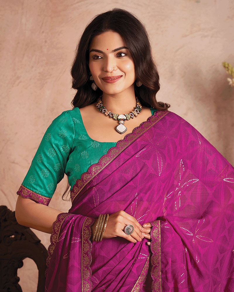Vishal Prints Violet Printed Luxury Chiffon Saree With Foil Print And Cut Work Embroidery Border