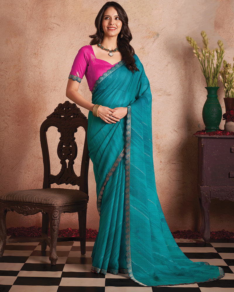 Vishal Prints Teal Blue Printed Luxury Chiffon Saree With Foil Print And Cut Work Embroidery Border