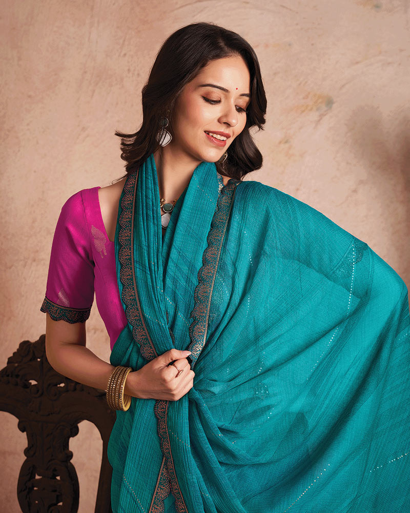 Vishal Prints Teal Blue Printed Luxury Chiffon Saree With Foil Print And Cut Work Embroidery Border