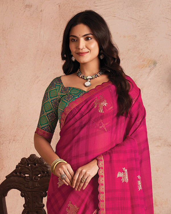 Vishal Prints Strawberry Printed Luxury Chiffon Saree With Foil Print And Cut Work Embroidery Border