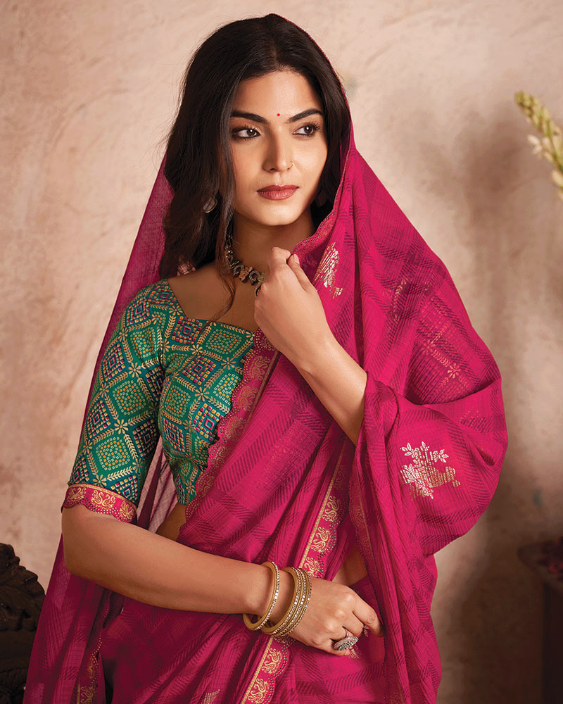 Vishal Prints Strawberry Printed Luxury Chiffon Saree With Foil Print And Cut Work Embroidery Border