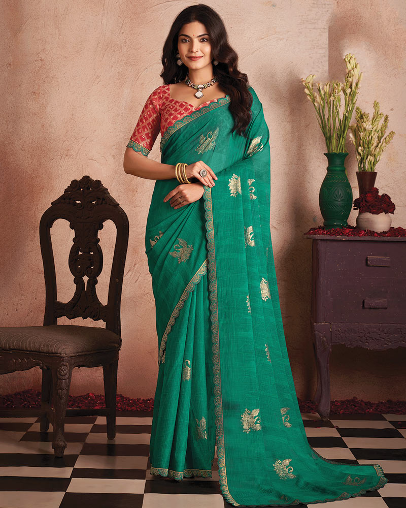 Vishal Prints Teal Green Printed Luxury Chiffon Saree With Foil Print And Cut Work Embroidery Border