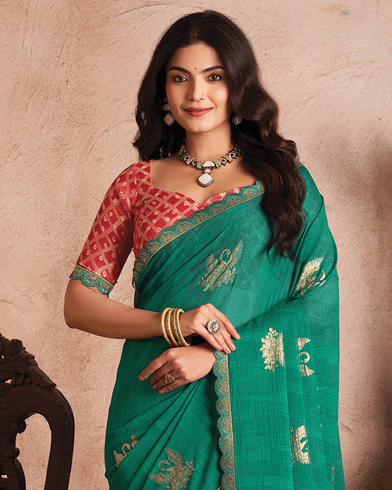 Vishal Prints Teal Green Printed Luxury Chiffon Saree With Foil Print And Cut Work Embroidery Border
