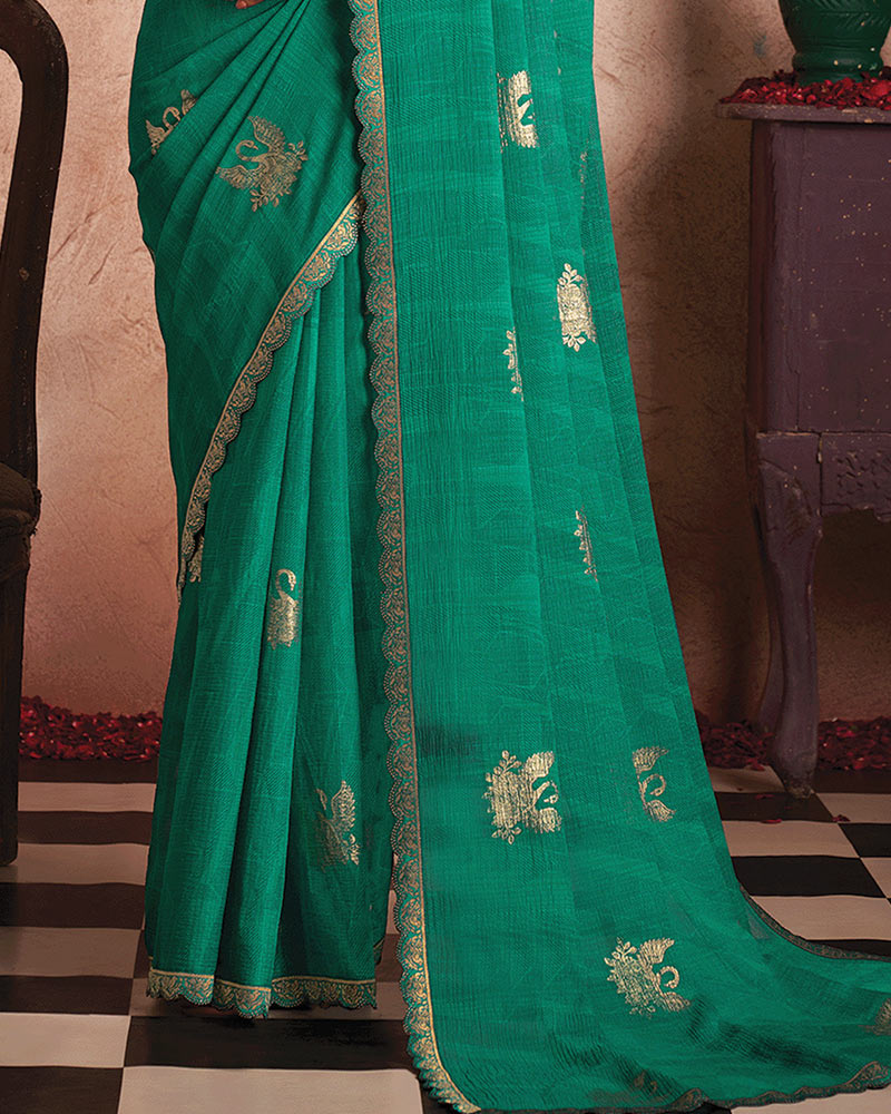 Vishal Prints Teal Green Printed Luxury Chiffon Saree With Foil Print And Cut Work Embroidery Border