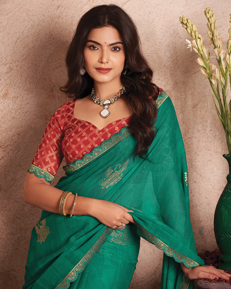 Vishal Prints Teal Green Printed Luxury Chiffon Saree With Foil Print And Cut Work Embroidery Border
