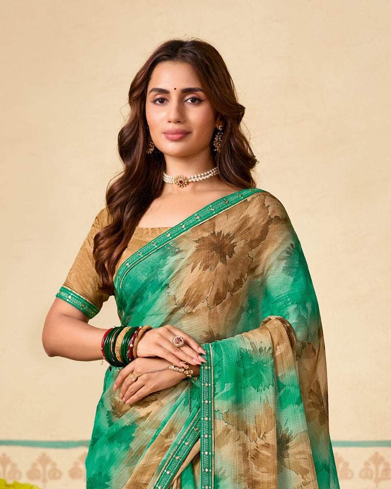 Vishal Prints Light Sea Green Printed Chiffon Saree With Fancy Embroidery Border