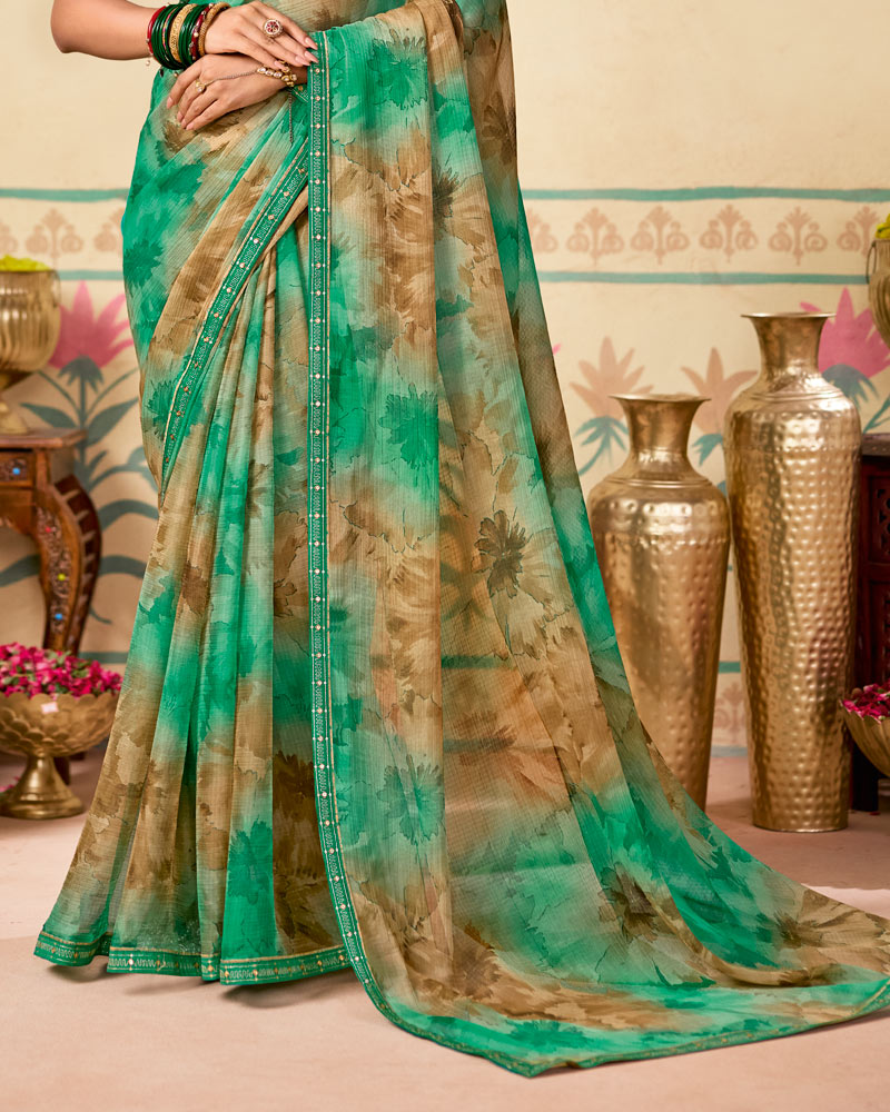 Vishal Prints Light Sea Green Printed Chiffon Saree With Fancy Embroidery Border