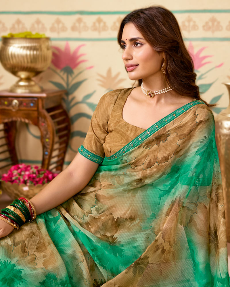 Vishal Prints Light Sea Green Printed Chiffon Saree With Fancy Embroidery Border