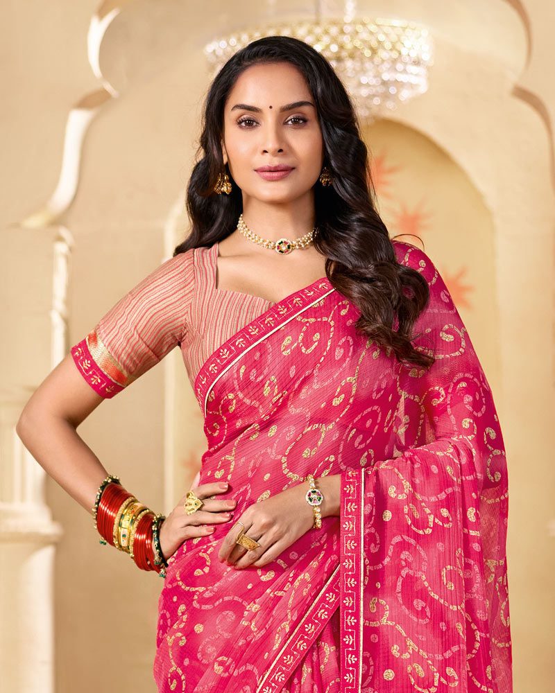 Vishal Prints Watermelon Pink Printed Chiffon Traditional Print Saree With Fancy Embroidery Border