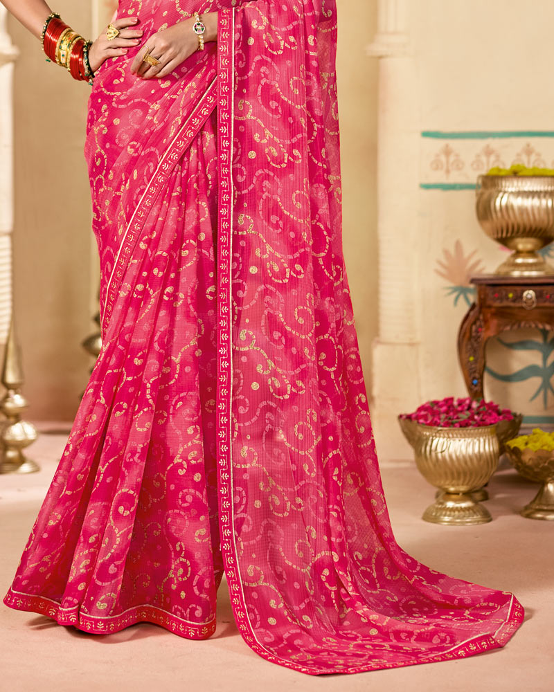 Vishal Prints Watermelon Pink Printed Chiffon Traditional Print Saree With Fancy Embroidery Border