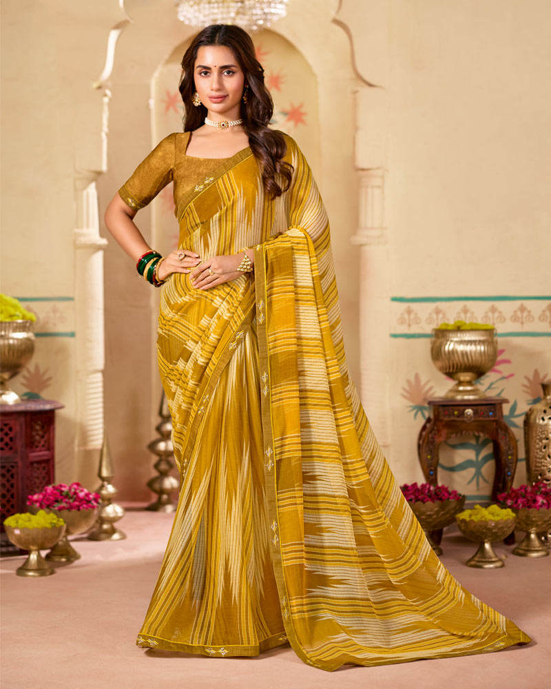 Vishal Prints Mustard Yellow Printed Chiffon Saree With Fancy Embroidery Border